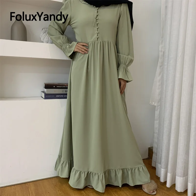 Однотонные женские мусульманские платья FoluxYandy, свободное Макси-платье с оборками и длинным рукавом, модель CMCN103