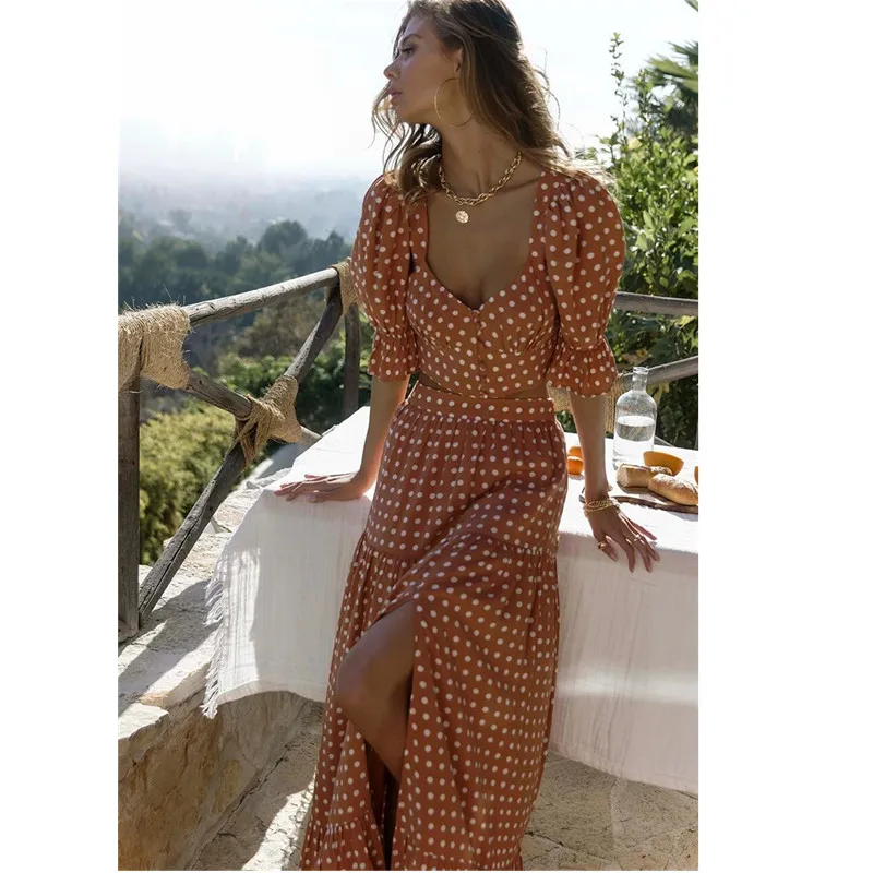 

2021 Summer Elegant Women's Skirt Suits Short-Sleeved V-Neck Crop Tops And Irregular High Split Long Skirt Two Piece Set Women