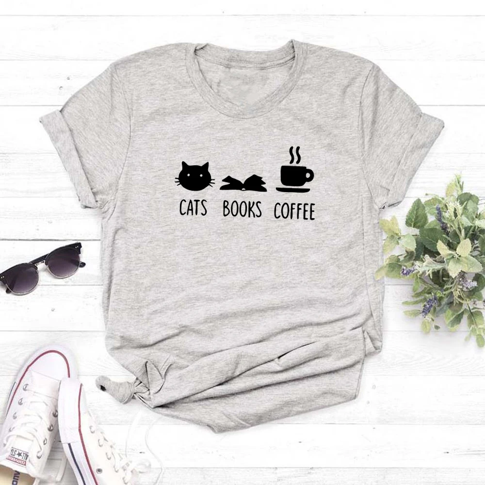 Футболка женская хлопковая с рисунком кошки книги кофе | Женская одежда