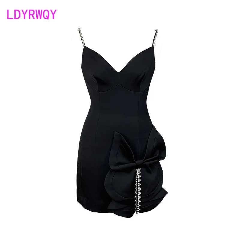 

LDYRWQY 2021 version of summer sling diamond bow split sexy white slim fashion temperament ladies irregular dress