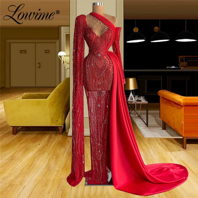 

Lowime Red Handade Beaded Luxury Muslim Evening Dresses Abendkleider 2021 Mermaid Long Sleeve Party Gown Arabic Dubai Prom Dress