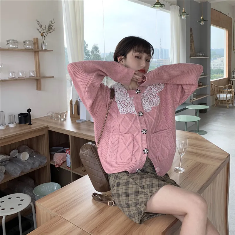 

Japanese Soft girl Cardigans Long Sleeve Knit pocket Sweater Women Kawaii Pink Sweet Buttons Jumpers Female short Outwear Tops