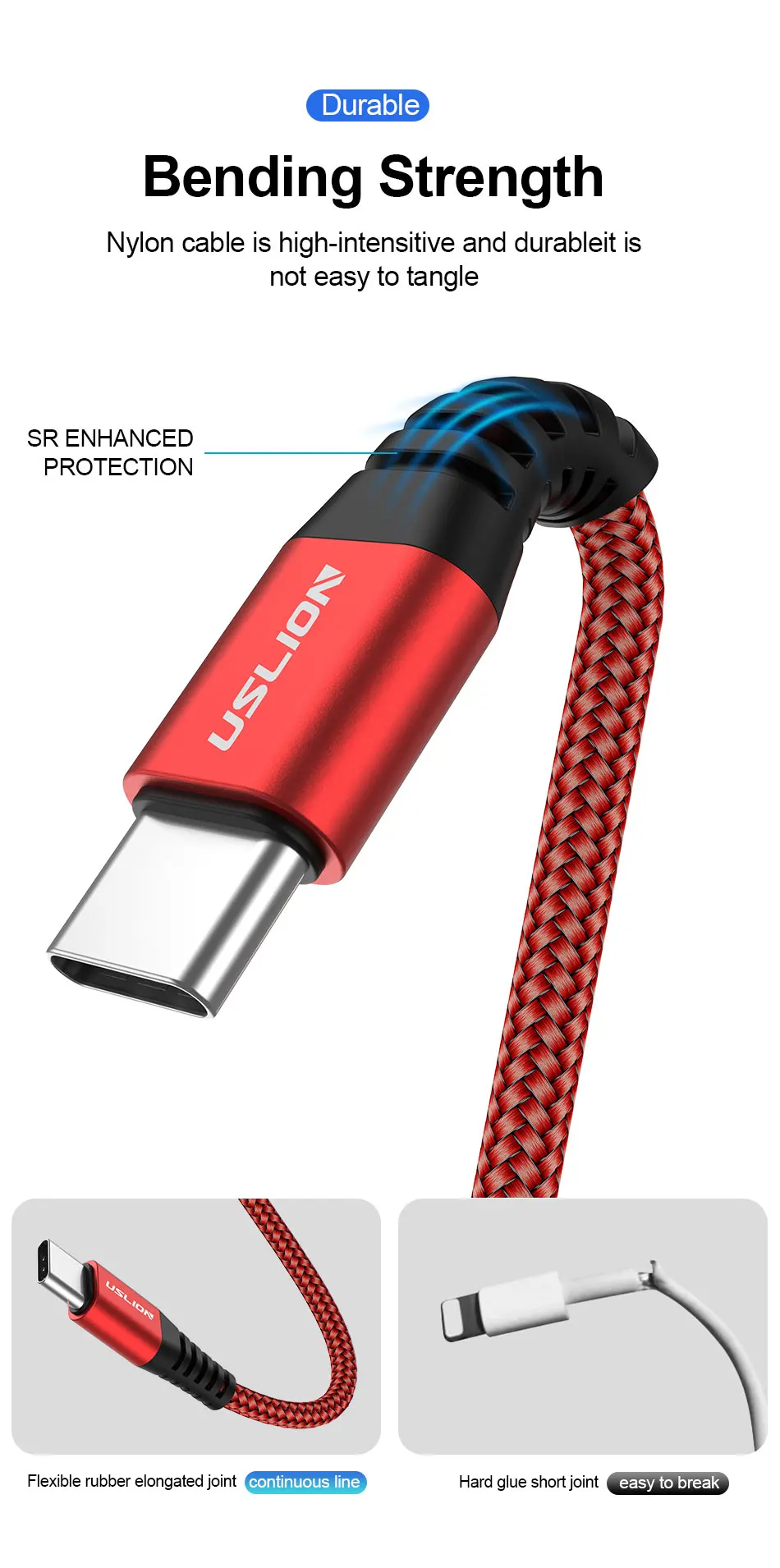 USLION 3A usb type C кабель для samsung S10 S9 S8 Быстрая зарядка type-C Телефон зарядный провод USB C кабель для Xiaomi mi9 Redmi note 7