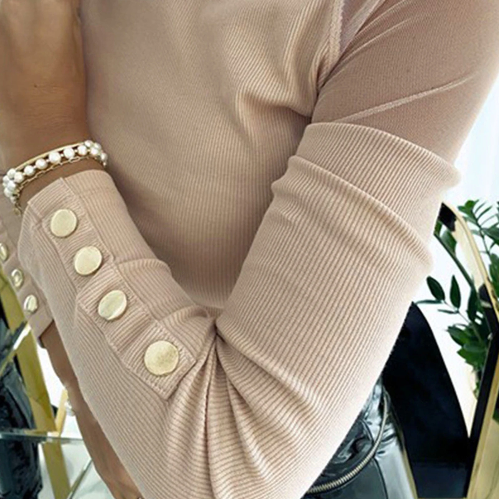 

Women Turtle Neck See Through Mesh Patchwork Long Sleeve Buttons Pullover Blouse