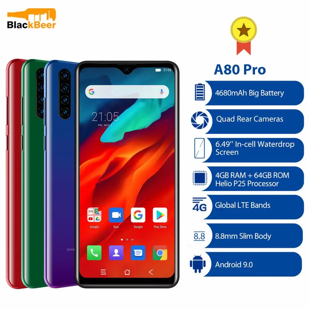 Смартфон Blackview A80 Pro экран 6 49 дюйма 4 Гб 64 ГБ Восьмиядерный на базе Android 10 0 4G LTE