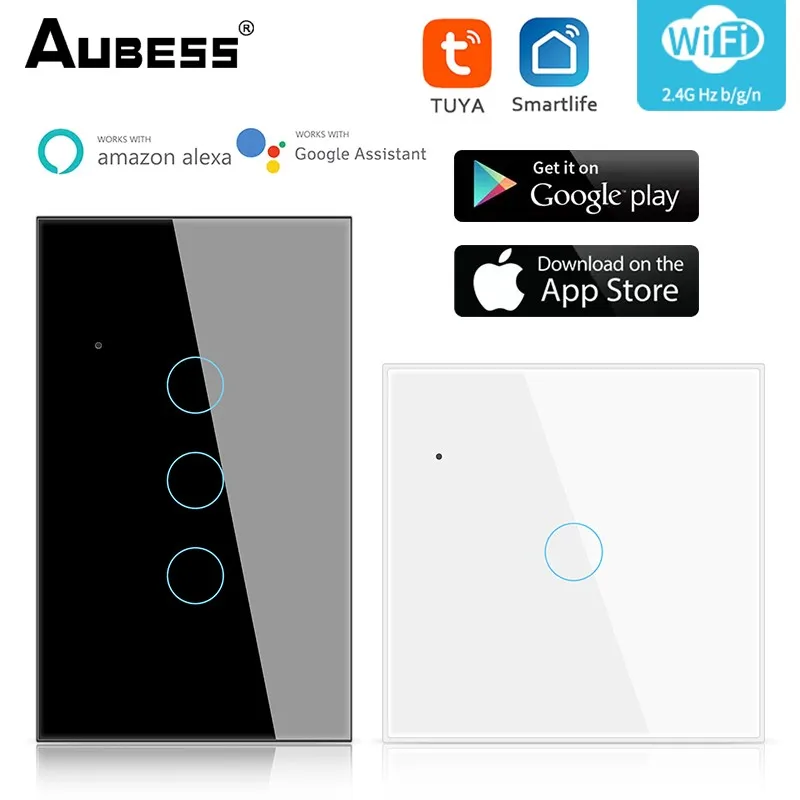 

Умный выключатель AUBESS Tuya с Wi-Fi, стеклянная панель, сенсорный выключатель, голосовое управление, поддержка Alexa, Google Home, Alice