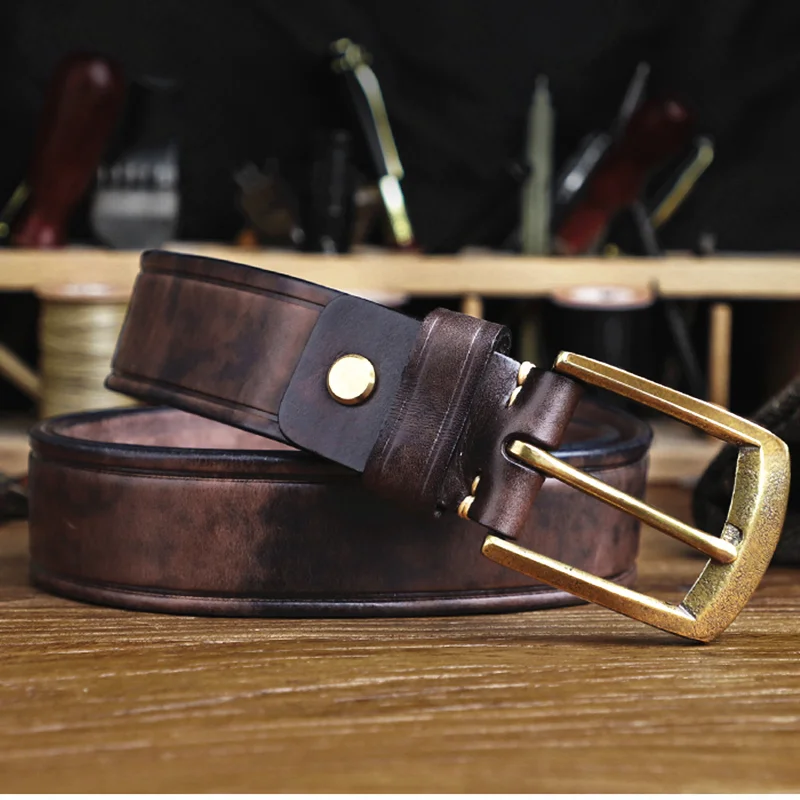 

Men's Leather Belt Top Quality Full Grain Cowhide Handmade Retro Belt Fashion Classic Design Brass Buckle Cowboy Leather Waist
