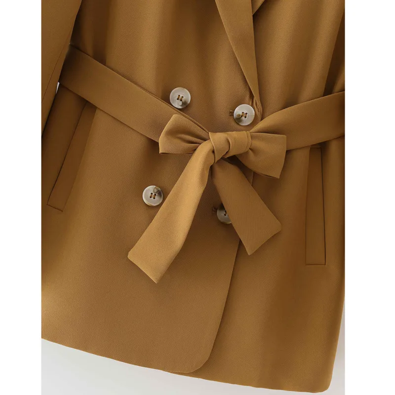 

2020 Spring Autumn New Fashion Tide Long Sleeve V-neck Collar Solid Color Double Breasted Belt Blazer Coat Women C327