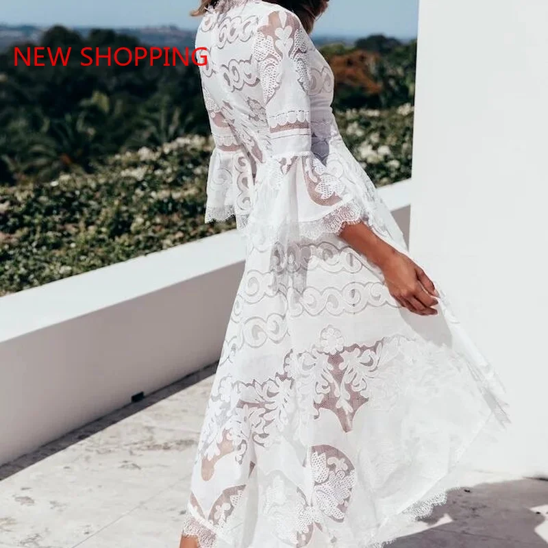 

White Dresses for Women Summer 2021 New Sexy V-neck Lace Flared Sleeve Dovetail Dress Vintage Fairy Vestidos Bohemian Vacation
