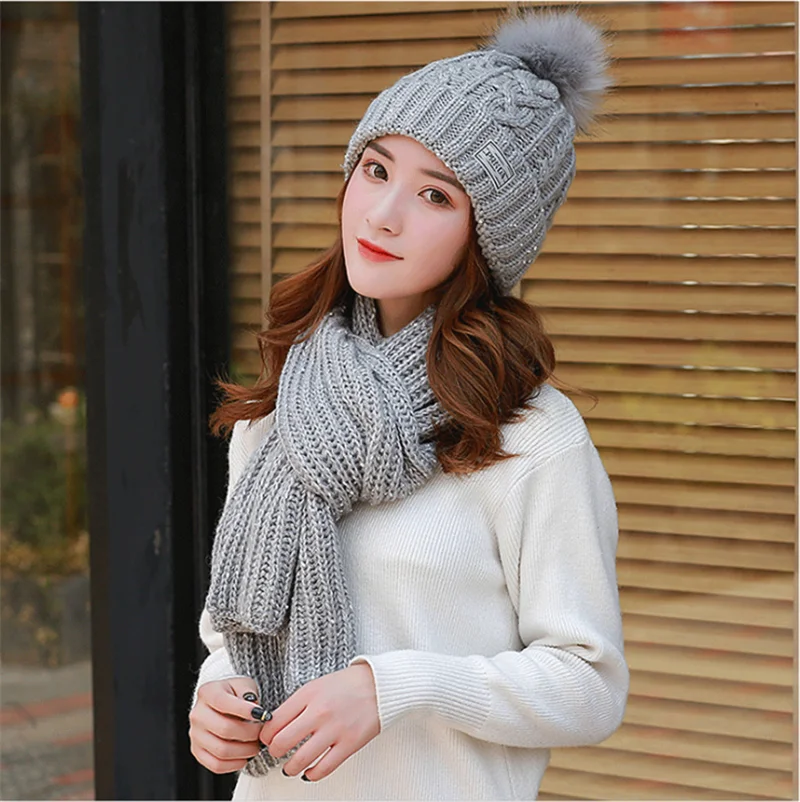 Зимняя Модная вязаная шапка и шарф Tsuretobe комплект из двух предметов Женская
