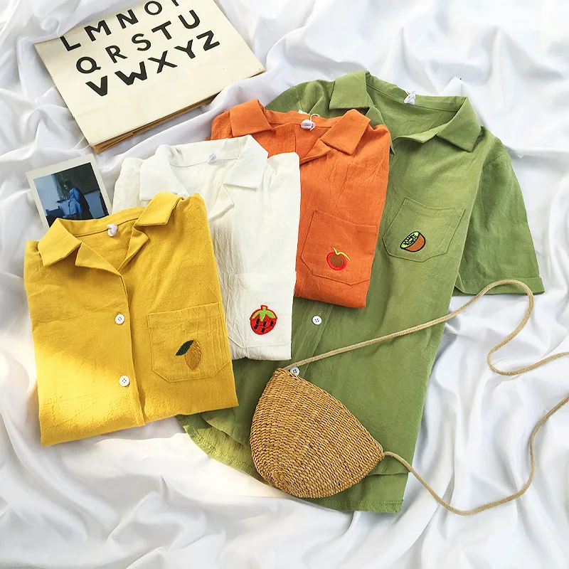 Рубашка с принтом фруктов топы корейские женские вышивкой Луны блузы