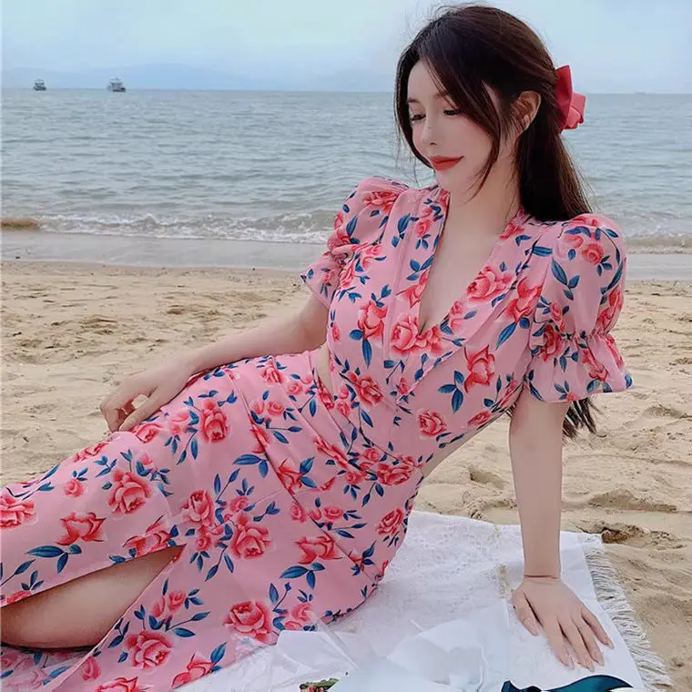 Женское длинное платье в горошек элегантное офисное макси с пышными рукавами