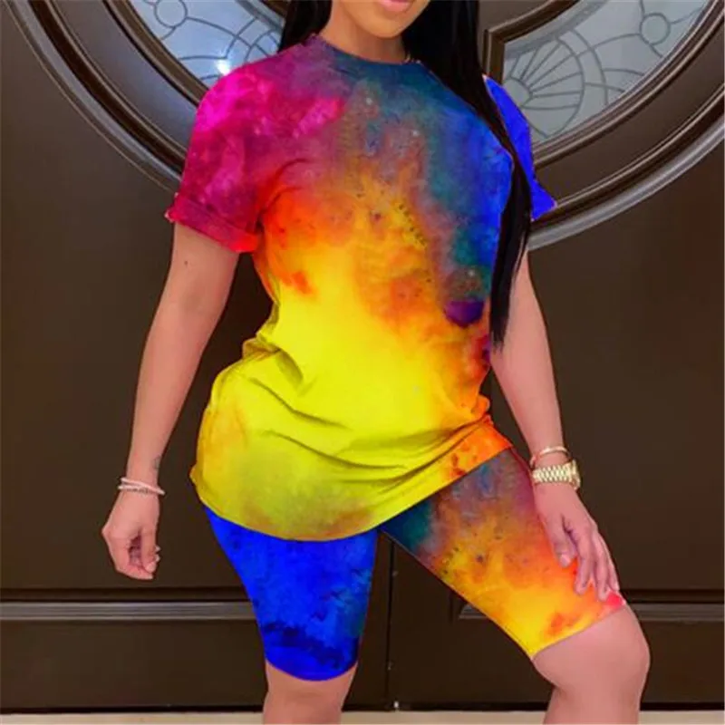

Women's Printed Home Clothes Tie-dye Sports Two-piece Suit Gradient Printing Summer Clothing Ladies 2-Piece Sets Top Short Pants