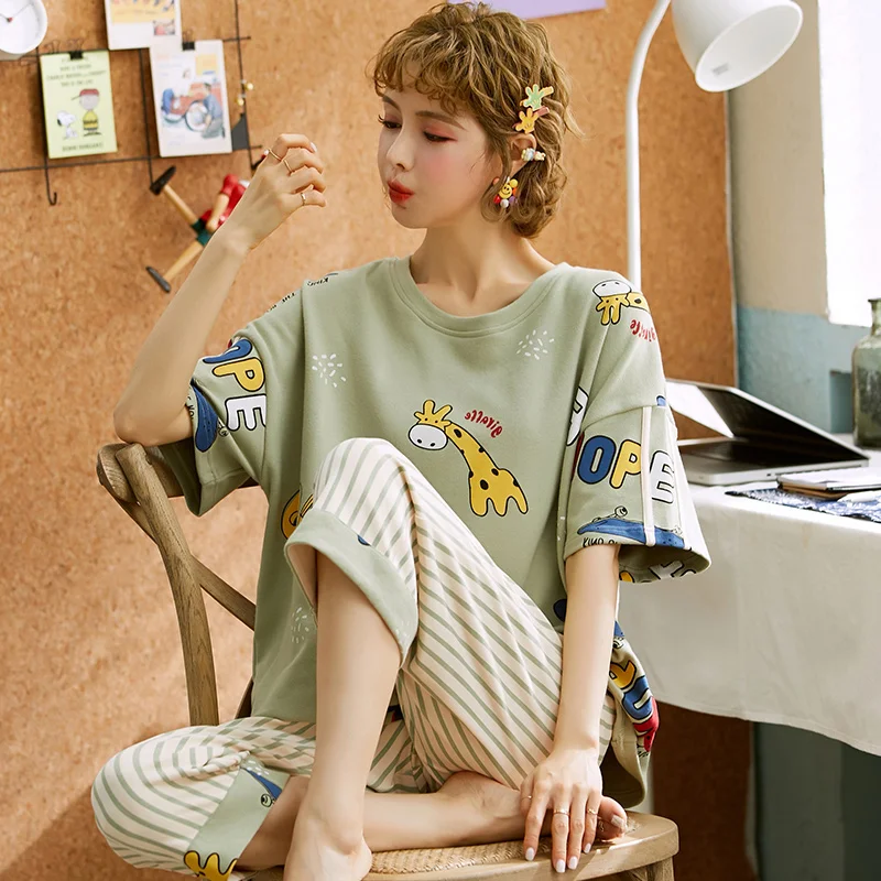 

Summer 100% Cotton Cartoon Pajamas Set sleep tops Calf-Length Pants pajamas for women sleepwear Nightwear Pijama Mujer