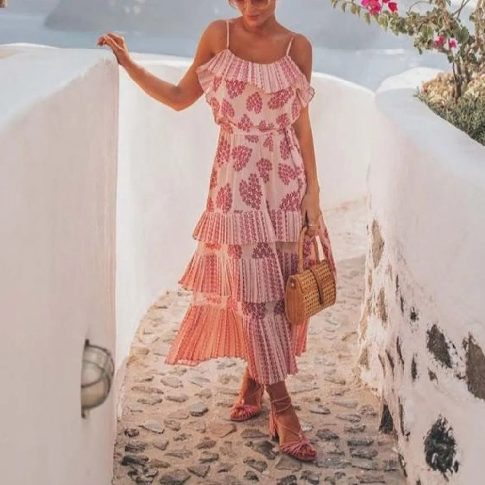 

Lugentolo Sexy Summer Dress Women Print Sling Loose Sleeveless Mid-Calf Ruffles A-Line Empire V-Neck Casual Fashion Long Dress