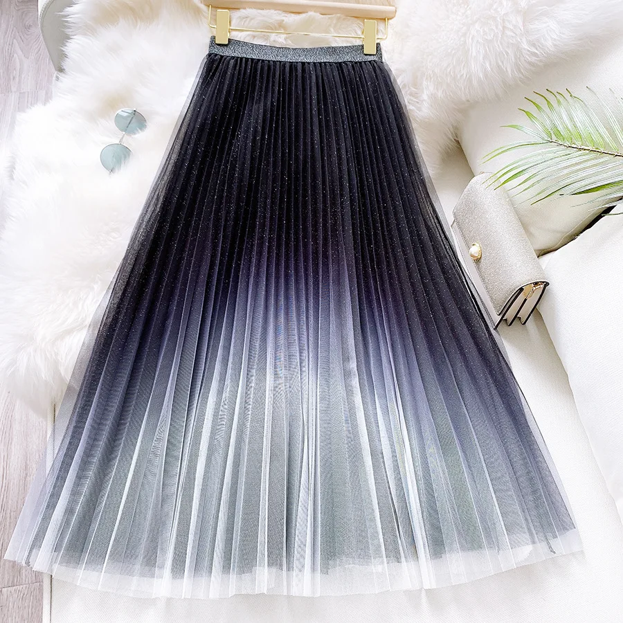 

HLBCBG Gradient Starry Sky Women Tutu Tulle Skirt Spring Summer A Line Skirt High Waist Long Midi Pleated Mesh Skirts Femme