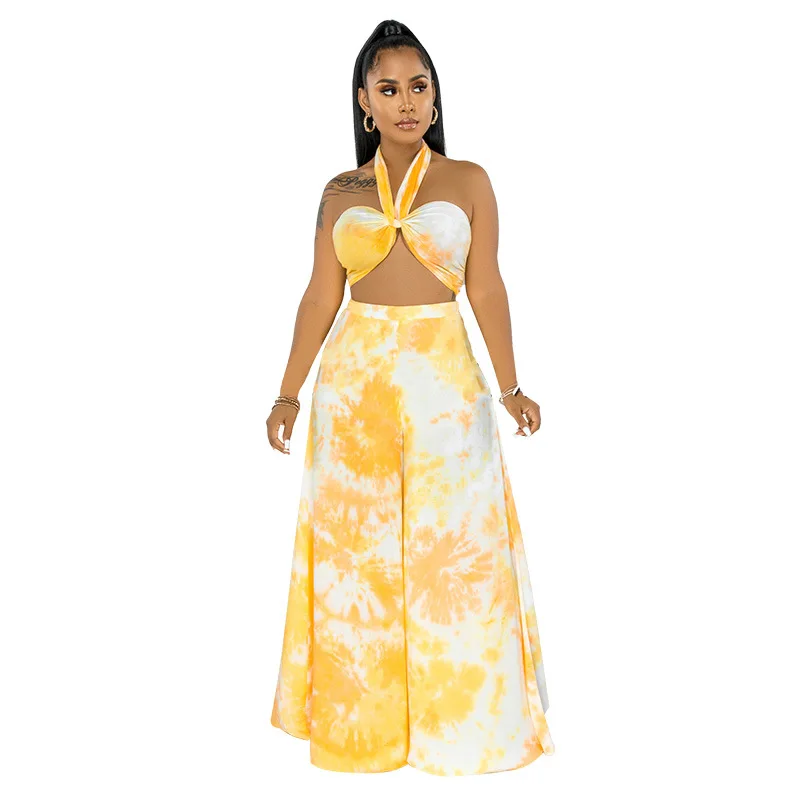 

Women Set Tie Dye Sleeveless Halter Crop Tops Loose Wide Leg Pants Two 2 Piece Sets Fashion Tracksuit Outfits Summer