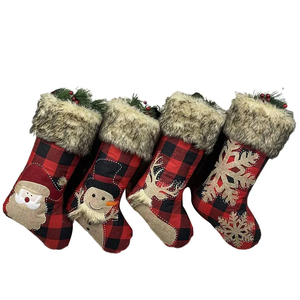 

Big Christmas Stockings Xmas Stockings Burlap Plaid Snowflake Santa Snowman Reindeer Plush Faux Fur Cuff Family Pack Stockings