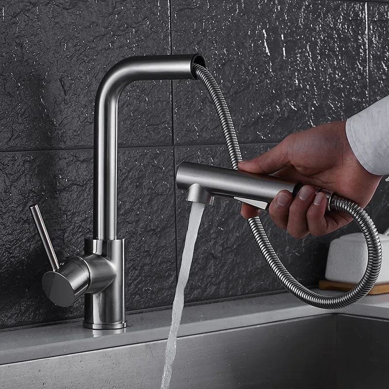 Brushed Nickel BiNFU черный хром смесители для кухни выдвижной спрей кухонный кран с одной ручкой миксер Водопроводной воды кран для кухни - Цвет: Brushed Nickel