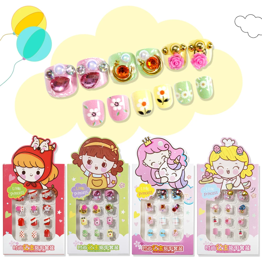 

Children False Nail Tips Lovely Fake Nails Self-adhesive Artificial Nail Kids Girls Colorful Fake Nail 12Pcs Cartoon False Nails
