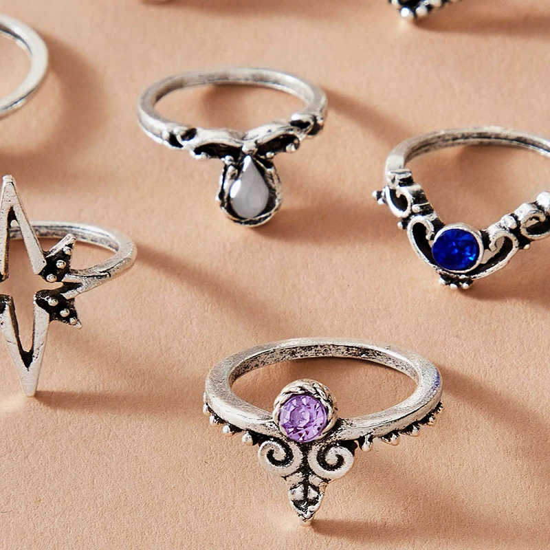 

Docona Bohemia Colofrul Gem Stone Leaf Rings for Women Punk Gothic Geometric Hollow Ring Set Jewelry Accessories 10pcs/set 8924