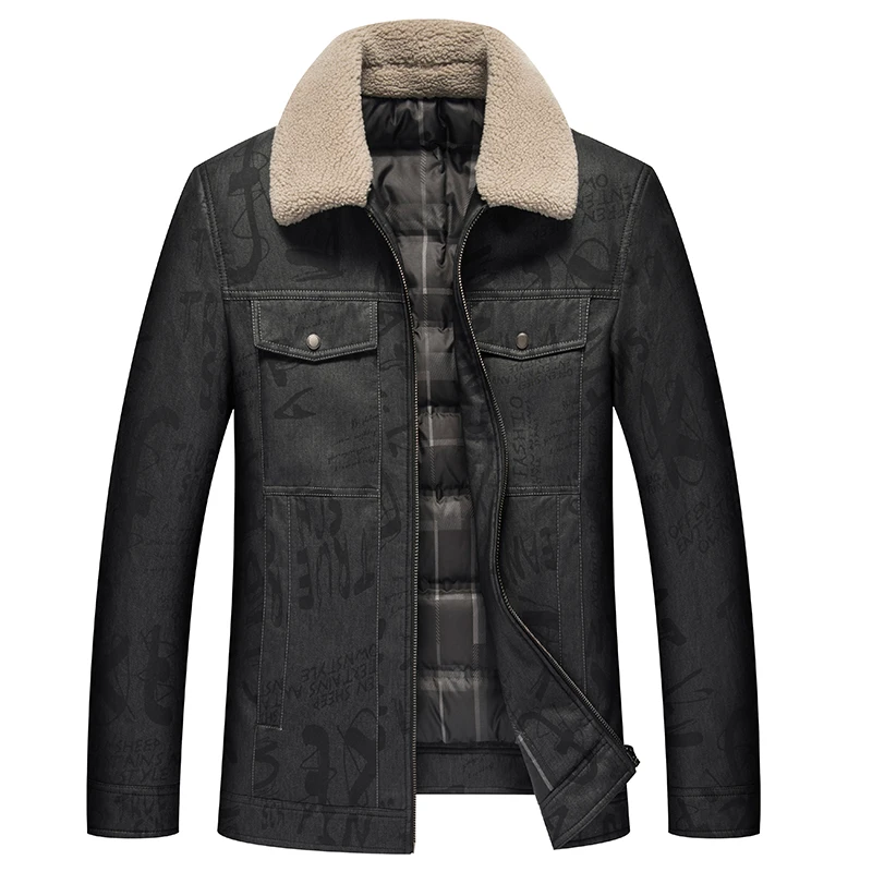 

Autumn Winter New Men's Leather Down Jackets Luxury Printed Denim Leather Winter Warm Jackets Coats for Men Fur Collar Cool Jack