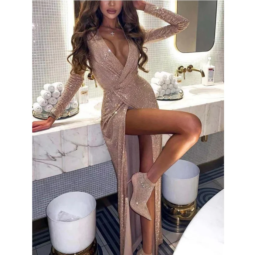 

New Bling Long Women Party Dress Sexy Solid Color V-neck Formal Dress Europe And America Long Sleeves Dress Drop Shipping