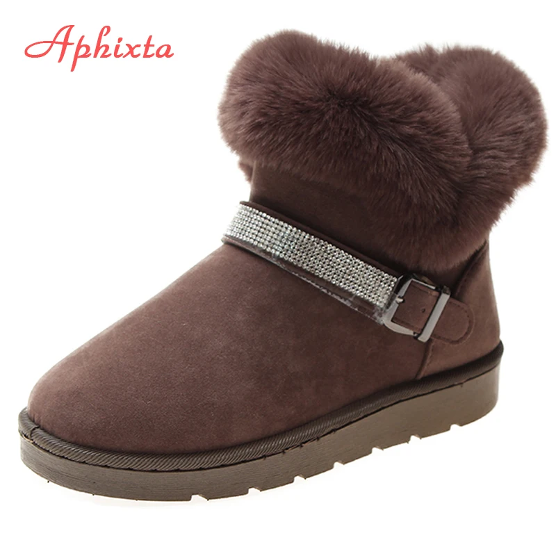 Aphixta/зимние сапоги с пряжкой и кристаллами Женская обувь на плоской подошве