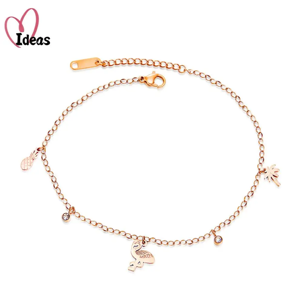 

Titanium Steel Bohemia Holiday Beach Chain & Link Anklets For Women Girls Trendy CZ Pineapple Bird Charm Anklet