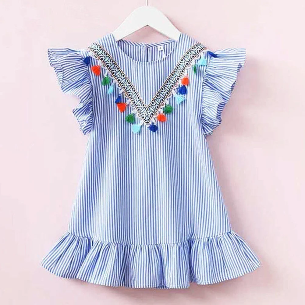 

Toddler Baby Girls Kids Summer Dresses Striped Ruffle Sleeve Tassel Collar Falbala Mini Princess Dress