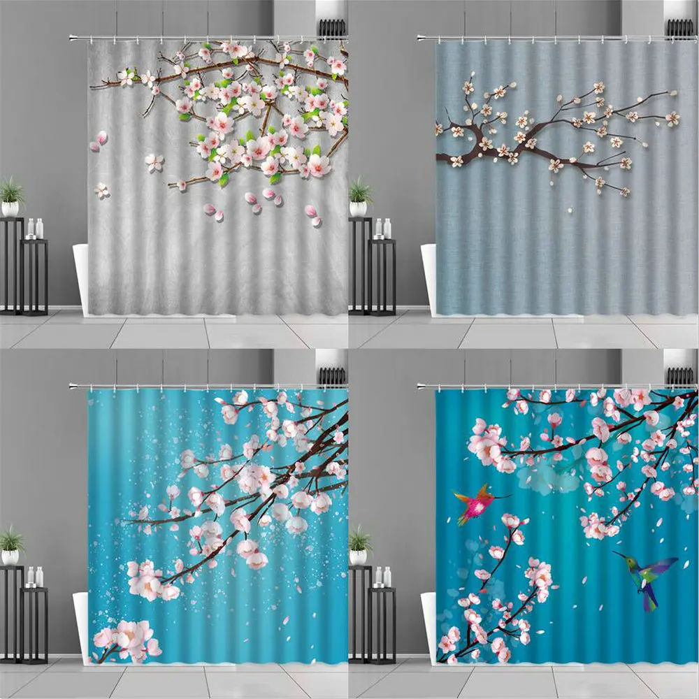 

Занавеска для душа в китайском стиле, декоративная Штора для ванной из синей ткани с цветами сливы, птицами, растениями