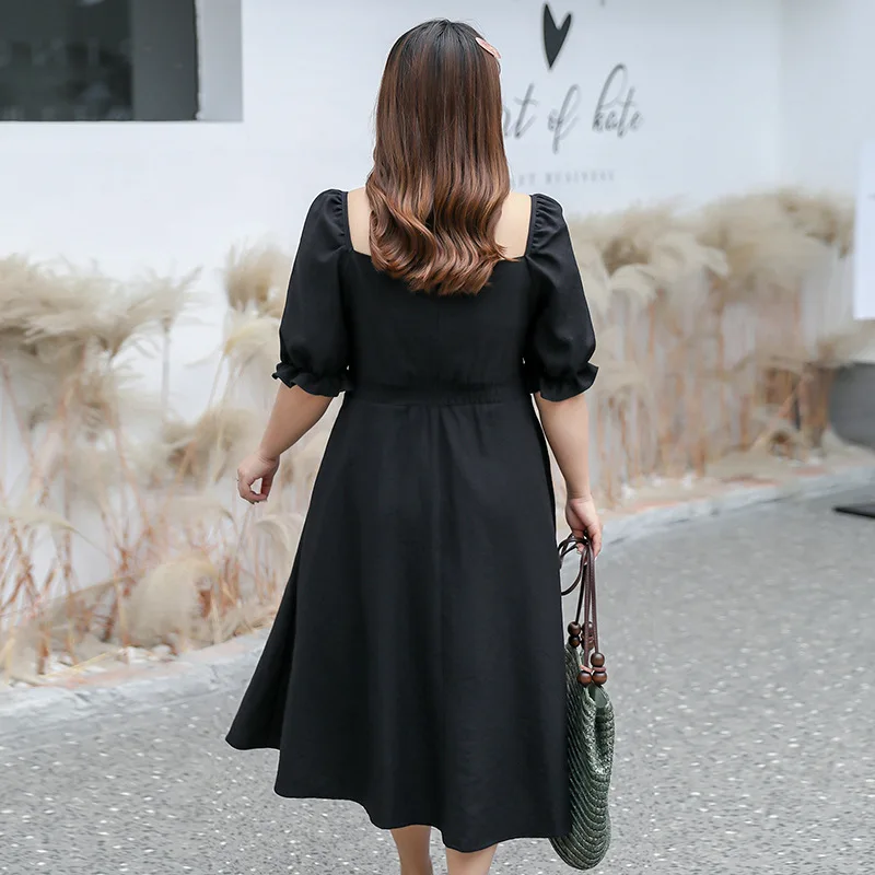 

Summer Beach Casual Dress Cotton Linen Black Plus Size Woman Botton Square Neck Loose Sweet Oversized Party Elegant Dress 4XL