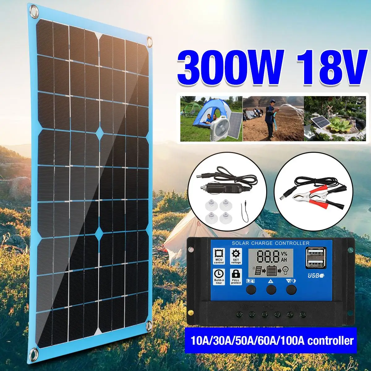 

Solar Panel Kit 300W 18V Dual USB With 10A/30A/50A/60A/100A Controller Solar Cells for Car Yacht RV Boat Moblie Phone Charger