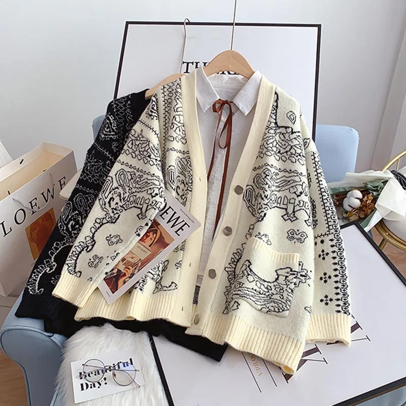 

EBAIHUI Cardigan for Women Print V Neck Vintage Sweater Coat Loose Long Sleeve Top Knitted Korean Fashion Jumper Oversize Jacket