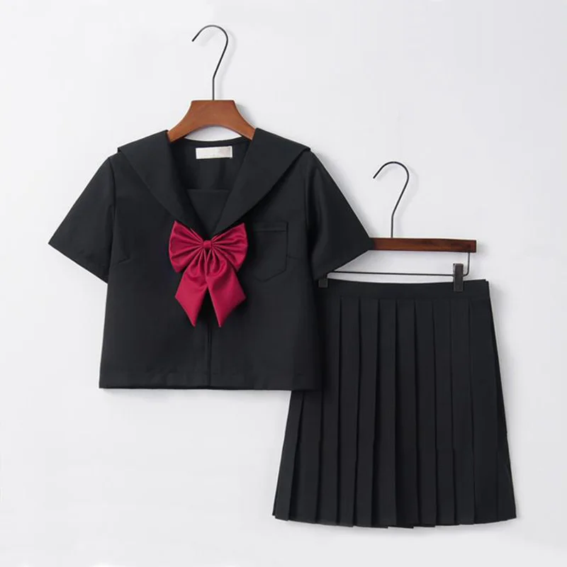 Черный костюм моряка красный большой бант японская женская школьная форма