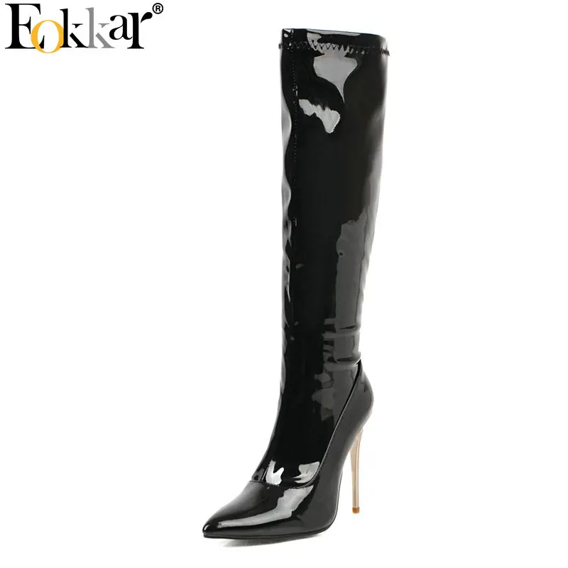 Eokkar 2020 Women Knee High Boots Patent Leather Thin High Heel Sexy Party Boots Winter Boots Lady Pointed Toe Boots Size 34-43  - buy with discount