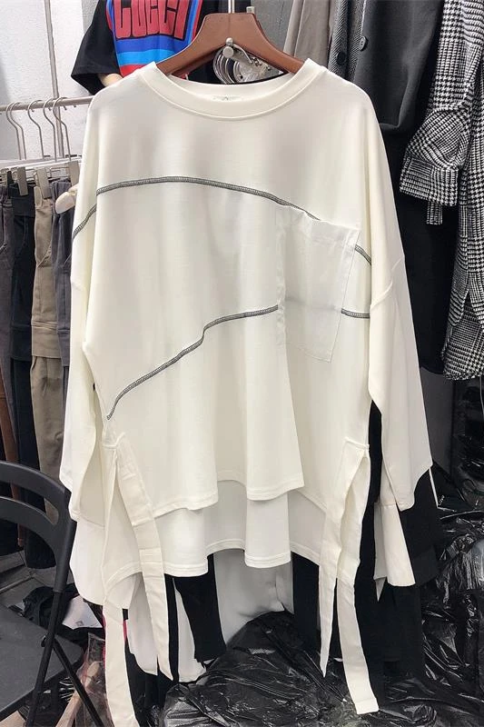 

Spring Decorative Bright Line Ribbon Round Collar Loose Long-Sleeved T-shirt Niche Personality T-shirt Top Women's Fashion