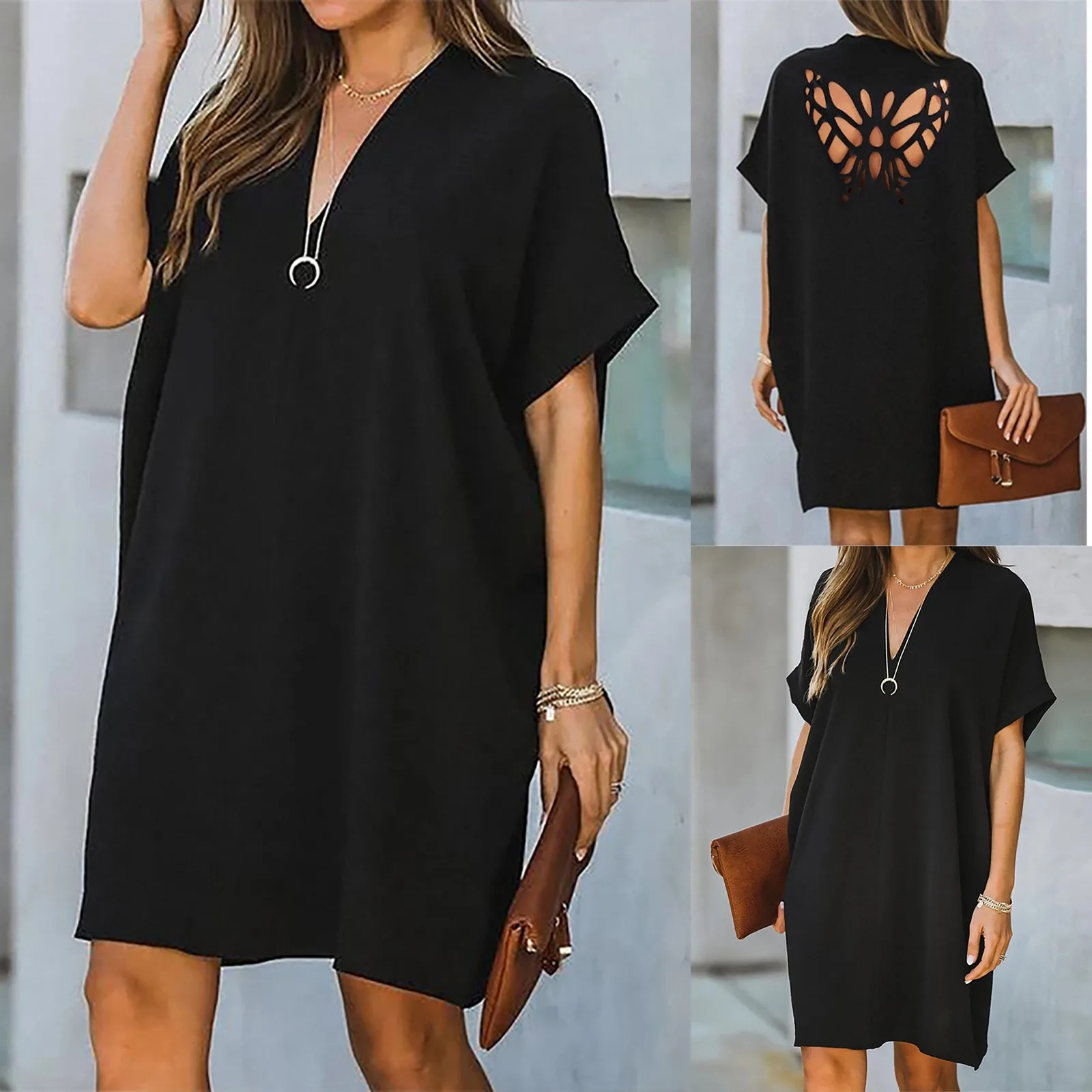 

Ladies Black Mini Dress Woman V-Neck Short Sleeve Daily Basic Solid Color Nightgown Dress Femme Loose Casual Dress Sleepwear