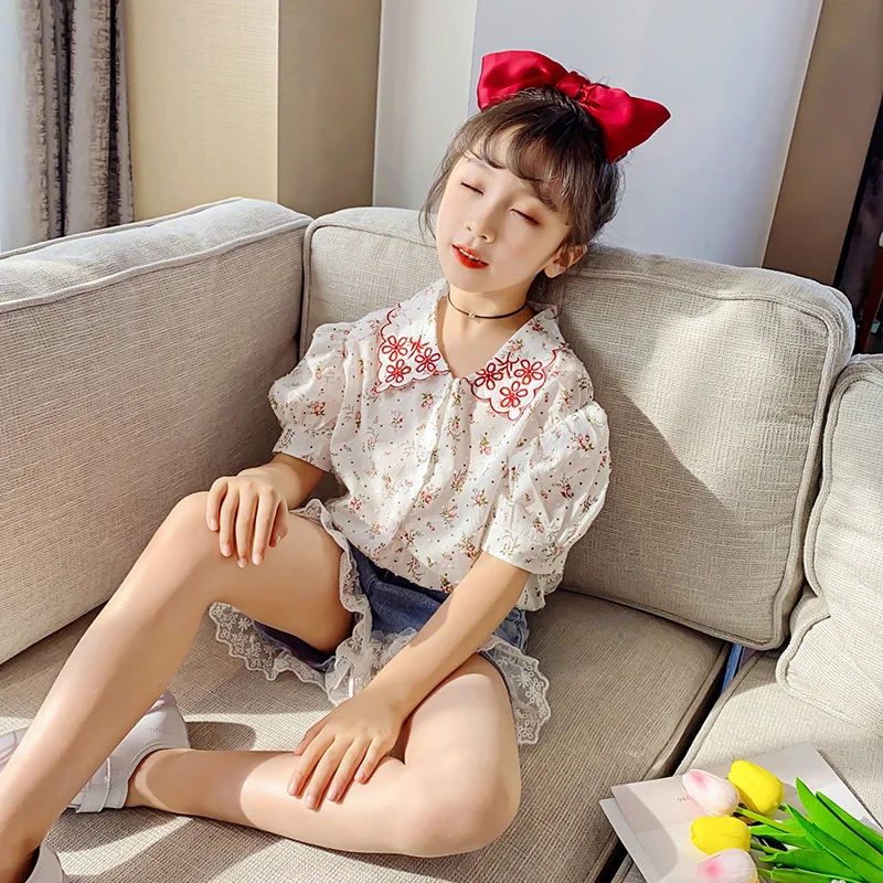 Рубашка с цветочным рисунком для девочек джинсовые шорты комплект из двух