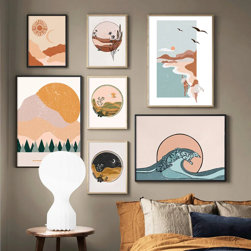 

Abstract Landscape Posters Prints Mountain Sea Forest Canvas Painting Sun and Moon Wall Pictures for LivingWall Decor Room Boho