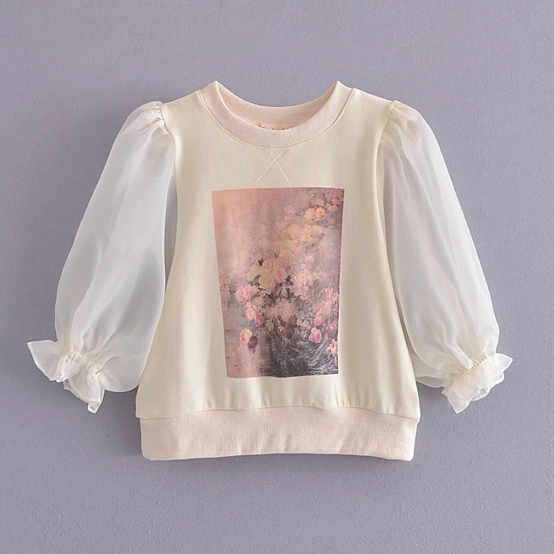 

2021 Spring Autumn Sweatshirts Women's New European Yarn Patchwork Lantern Sleeve Pullovers Flower Printed Hoodie