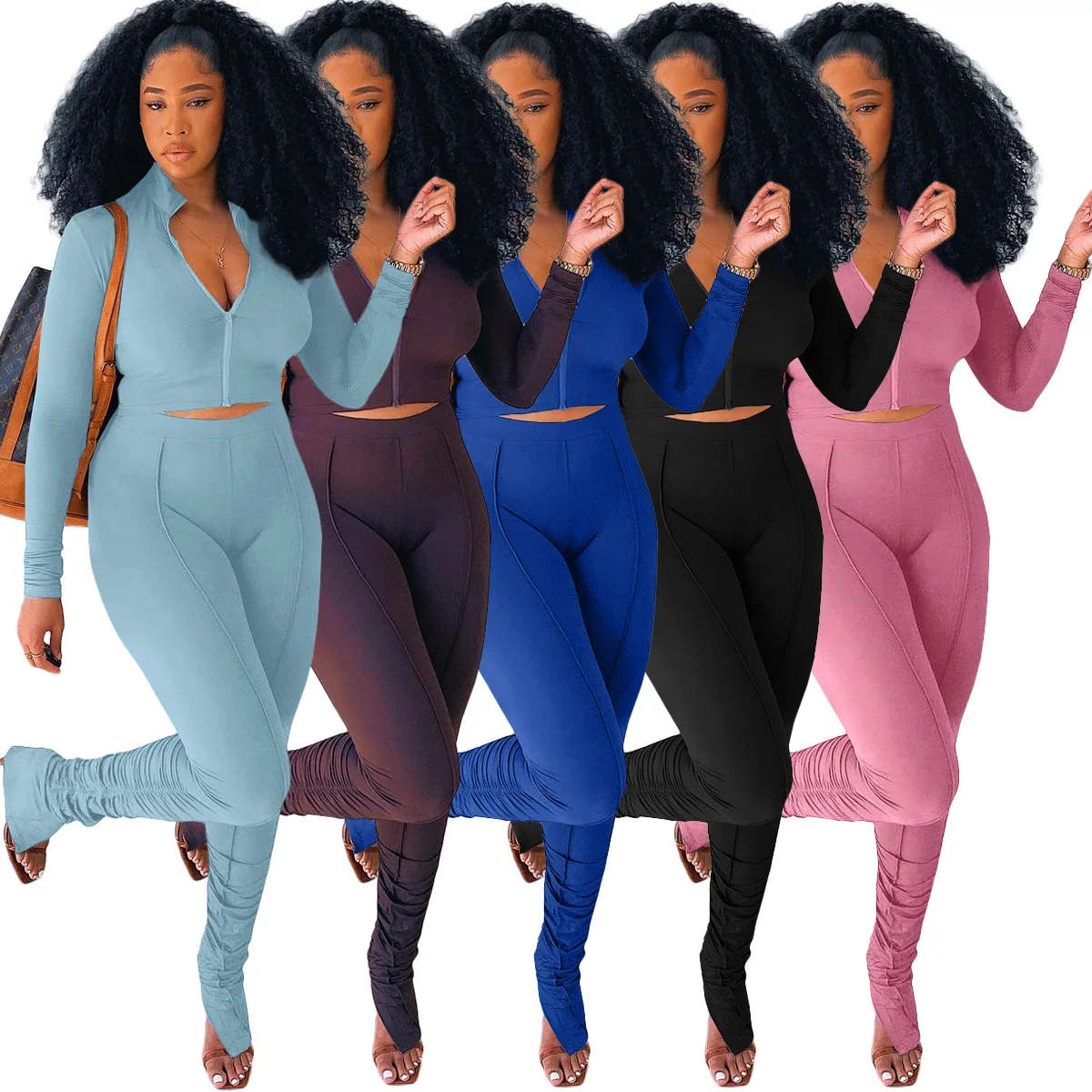 

2021 Urban Fashion Leisure Sports Commuter Stitching Pleated Long-Sleeved Two-Piece Set In 5 Colors