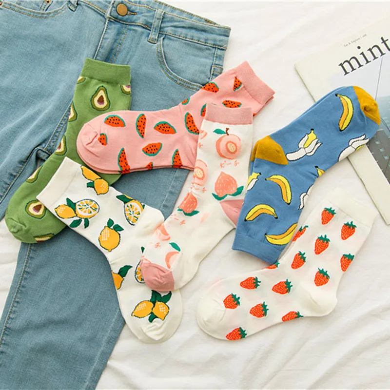 

6 Pairs Spring Autumn Cartoon Socks Fruit Watermelon Lemon Strawberry Banana Avocado Women Socks Style Female Crew socks
