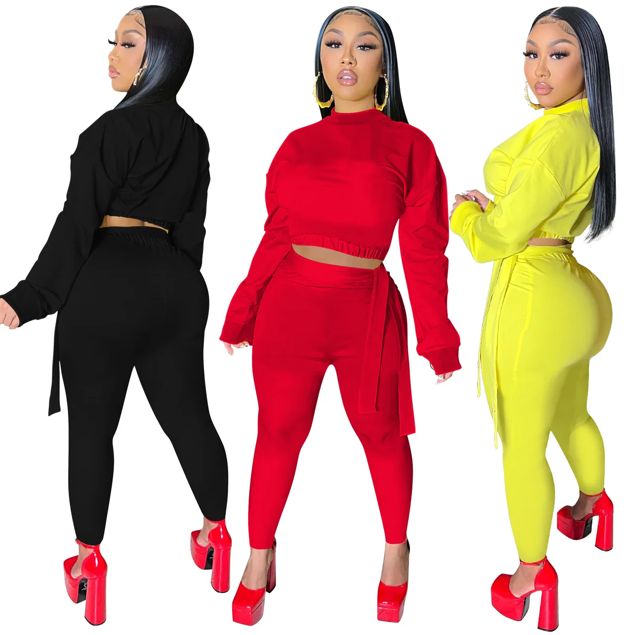 

Casual Solid Color Women's Tracksuit Long Sleeve Sweatshirt and Tie Up Pants Streetwear Active Two Piece Set Fitness Outfits