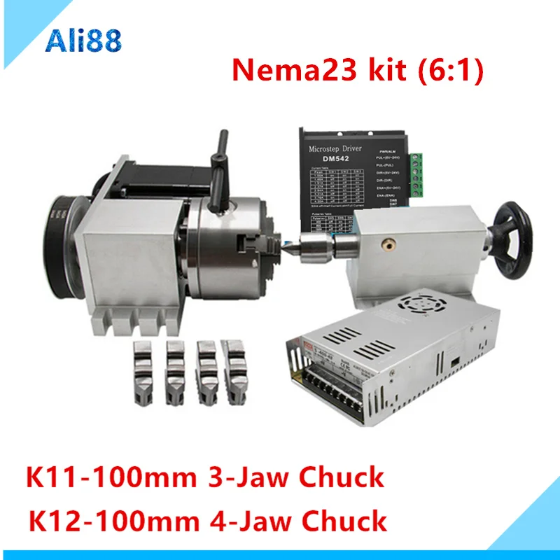 

Комплект шагового двигателя Nema 23 + драйвер двигателя K11-100mm 3-кулачковый патрон ЧПУ 4-я ось (6:1) ось вращения + задняя часть для маршрутизатора Ч...