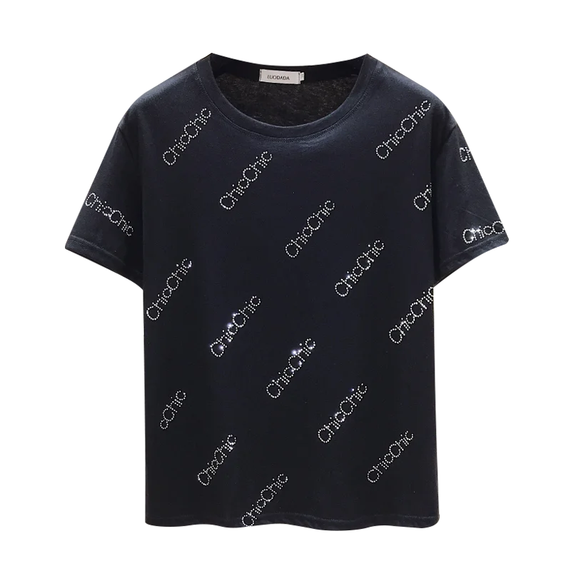 

T-shirt Women Summer White Fashion Diamonds Letter O Neck Short Tshirt Womens Casual Cotton Korean Style Tee T Shirt tops Clothe