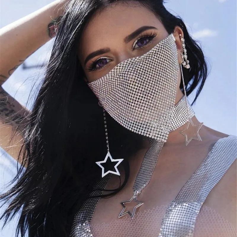 

2021 New Fashion Crystal Masquerade Mask Women Party Jewelry Fishing Net Metal Rhinestone Tassle Shining Face Mask