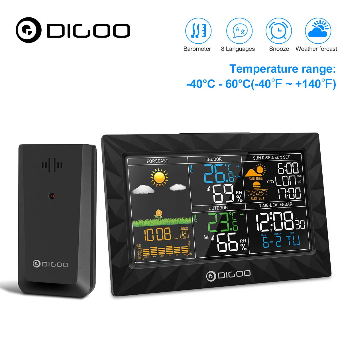 DIGOO DG-TH8988 LCD Weather Station Indoor Outdoor Thermometer Humidity Barometer Snooze Alarm Clock Sunrise Sunset Calendar