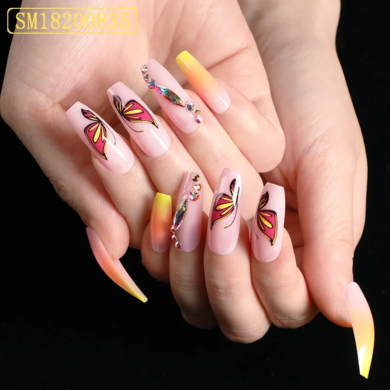 

24Pcs/Box Butterfly Pattern/Gradient Color Fake Nails Long Stiletto Coffin False Nails Press on Nails ABS Nail Art Tips Manicure