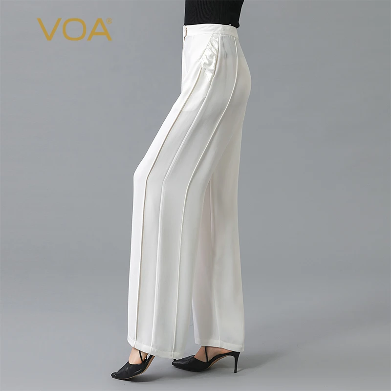 

VOA Silk 30m/m Milk White Trousers One Button Fold Diagonal Pocket Invisible Zipper Wide Leg Pants Women Bottoms Pants KE568